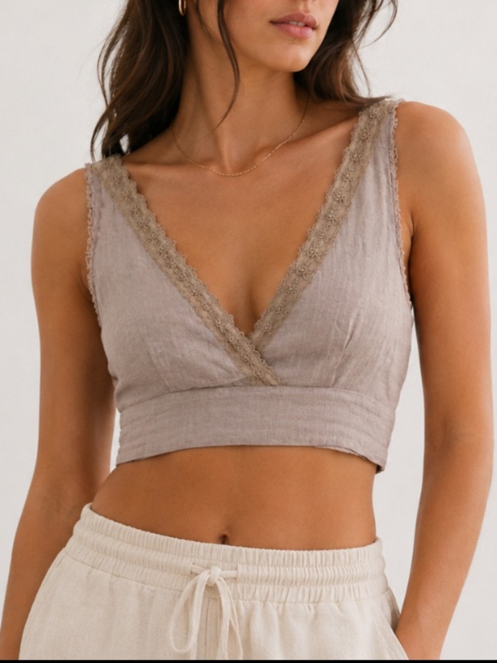 Zara 100% Linen Lace Trim Crop Top Romantic Cottagecore Dusty Rose Beige Small